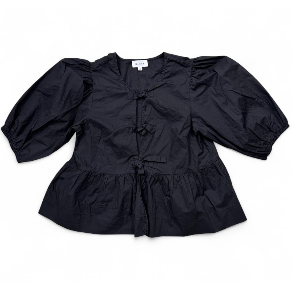 Mable Black Balloon Short Sleeve Front Tie Top Cotton Boho Casual Women's Medium